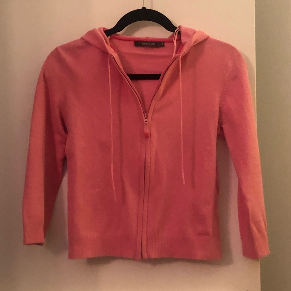 Pink zip-up sweater with hood- perfect for spring!